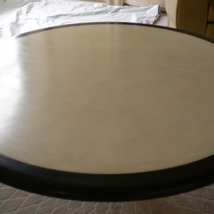 Faux graining to table surround, centre, parchment effect